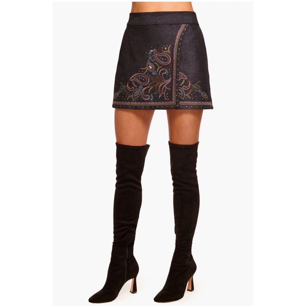 Ramy Brook Lauren Skirt Dark Denim Paisley Embroidered Studded Mini Size 10 NEW